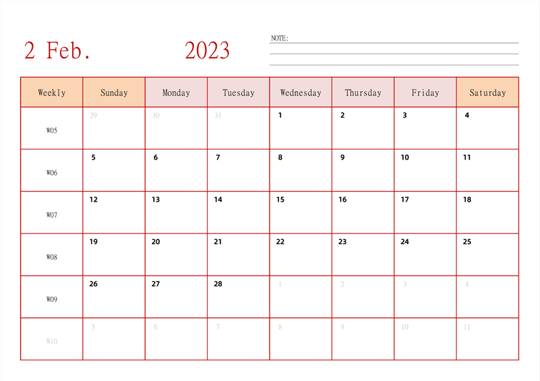 2023年日历台历 英文版 横向排版 带周数 周日开始